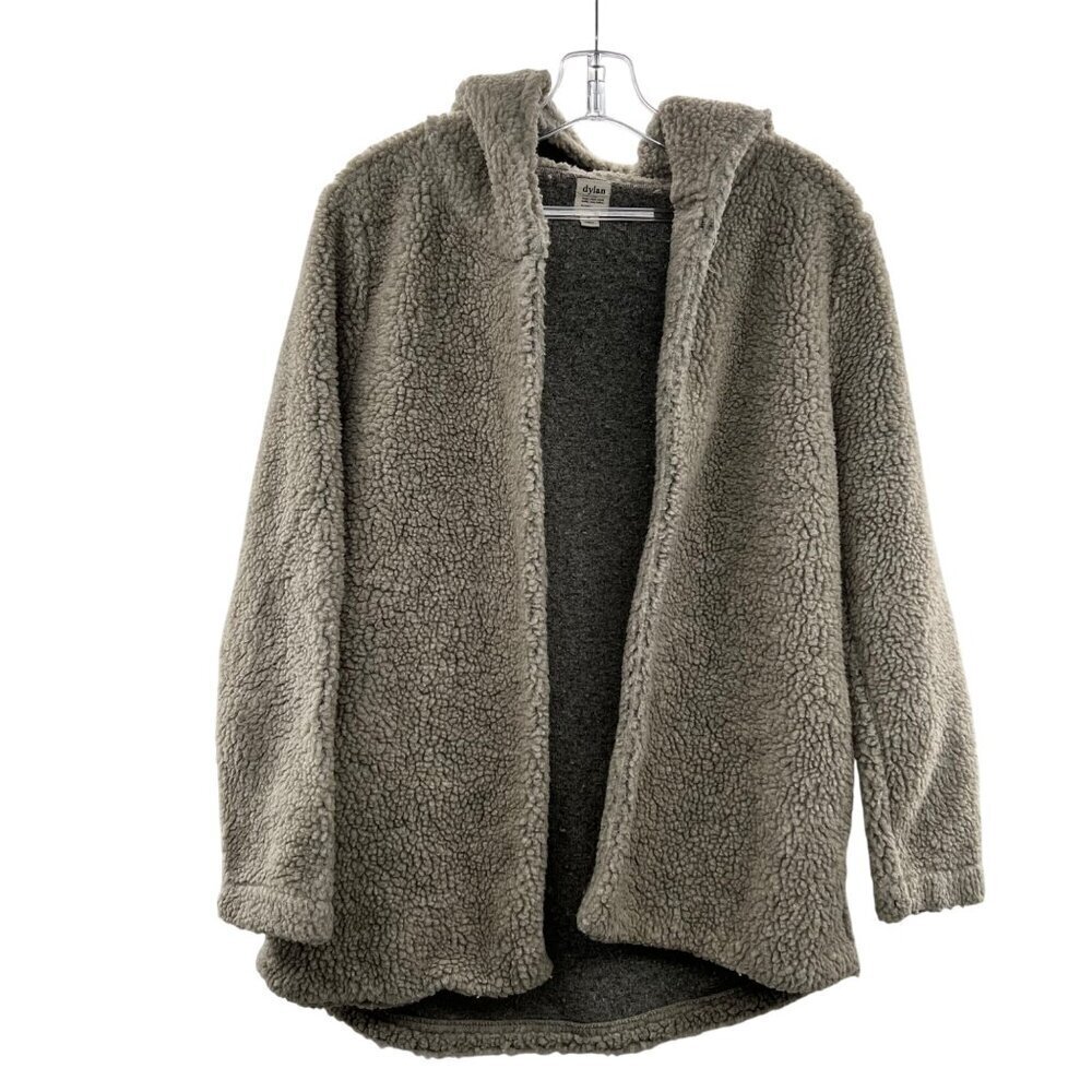 Dylan Women's Sherpa Jacket Hooded Open Front Stone Gray Size Small Pockets